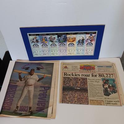 Colorado Rockies Memorabilia collectible matted Tickets and Newpapers Rockies VS Expos April 9, 1993