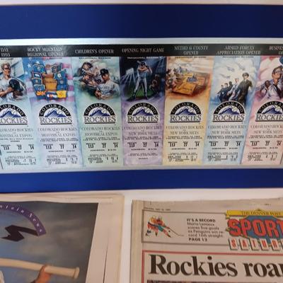 Colorado Rockies Memorabilia collectible matted Tickets and Newpapers Rockies VS Expos April 9, 1993