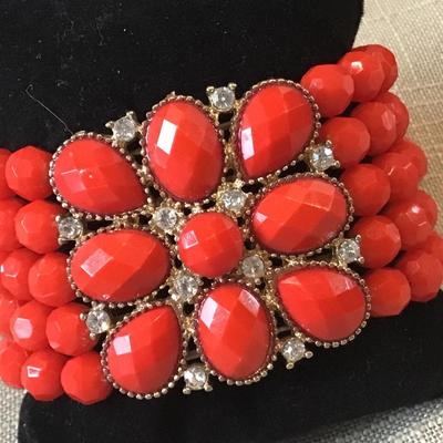 Wide Multi-Strand Red/Orangs Beaded Stretch Expansion Bracelet Faceted Center