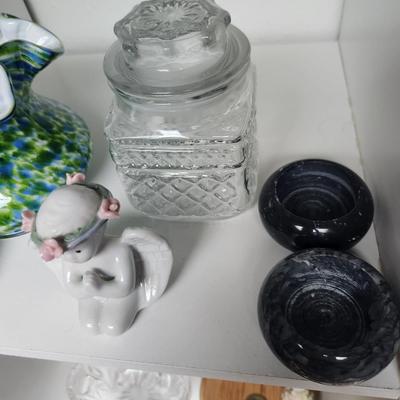 Glass jar, angel, candle holders