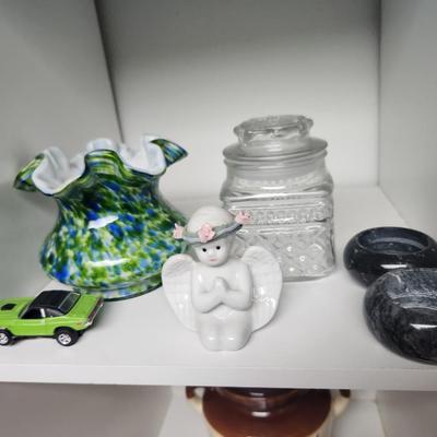 Glass jar, angel, candle holders