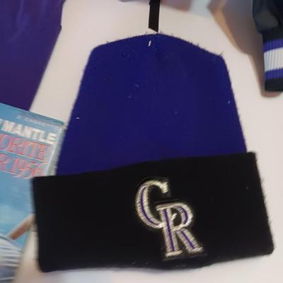 Colorado Rockies Pullover with hat and t-shirt and a Mickey Mantle book on tape