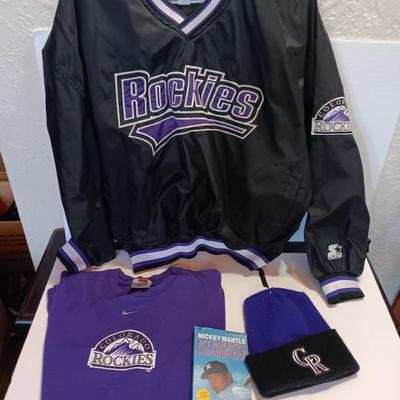 Colorado Rockies Pullover with hat and t-shirt and a Mickey Mantle book on tape