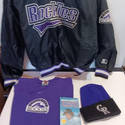 Colorado Rockies Pullover with hat and t-shirt and a Mickey Mantle book on tape