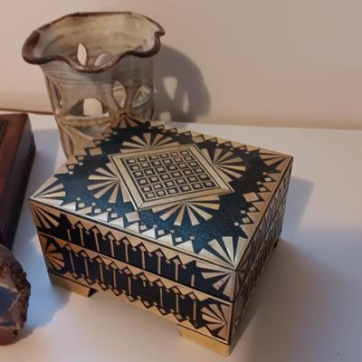 Two boxes from different Countries a piece of Agate and a signed pottery art vase