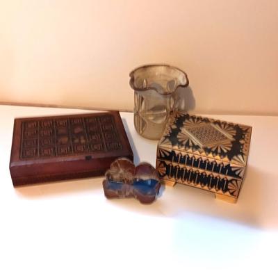 Two boxes from different Countries a piece of Agate and a signed pottery art vase