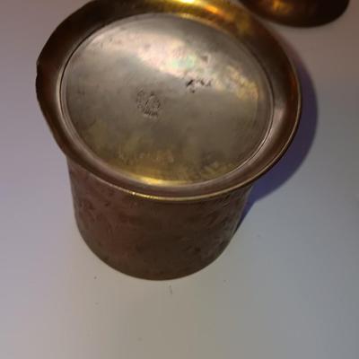 Brass gong and brass World gift Z.Y. India lidded canister