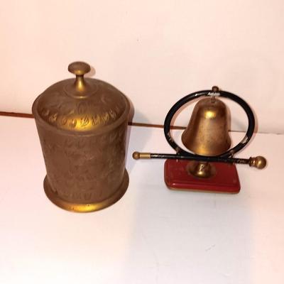 Brass gong and brass World gift Z.Y. India lidded canister