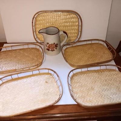 Vintage Bohemian Bamboo Woven Bottom TV Trays Lap Trays with a vintage stoneware pitcher with rose
