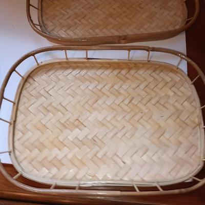 Vintage Bohemian Bamboo Woven Bottom TV Trays Lap Trays with a vintage stoneware pitcher with rose