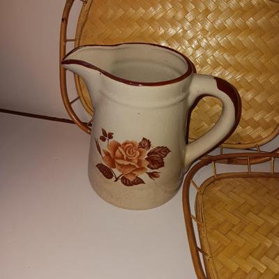 Vintage Bohemian Bamboo Woven Bottom TV Trays Lap Trays with a vintage stoneware pitcher with rose