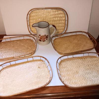 Vintage Bohemian Bamboo Woven Bottom TV Trays Lap Trays with a vintage stoneware pitcher with rose