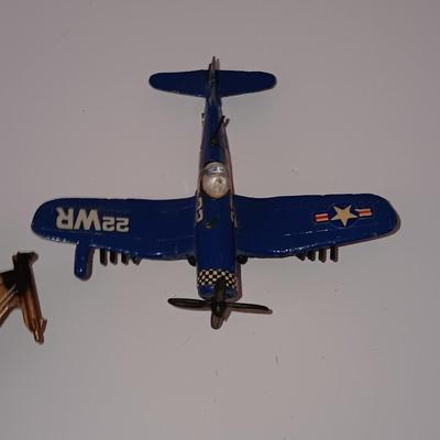 Three vintage die cast planes and a plastic Blimp