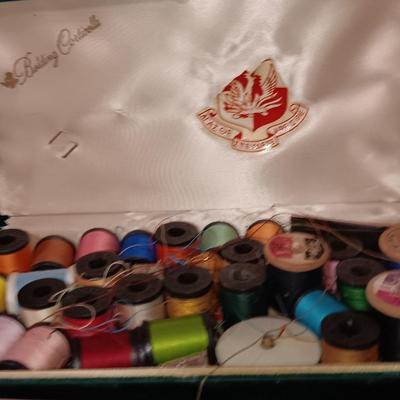 Velvet Princess box with thread, vintage sewing needles and paper cover