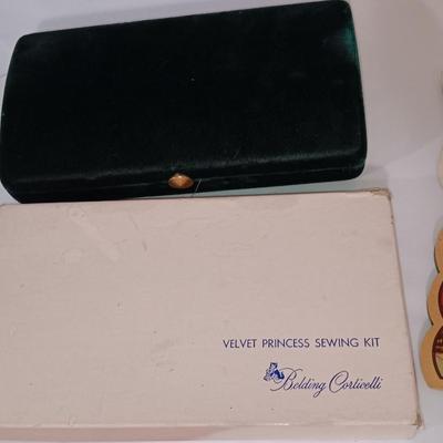 Velvet Princess box with thread, vintage sewing needles and paper cover