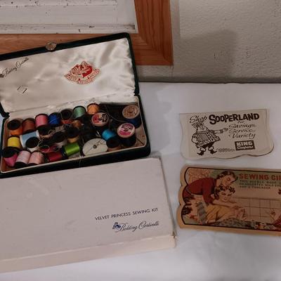 Velvet Princess box with thread, vintage sewing needles and paper cover