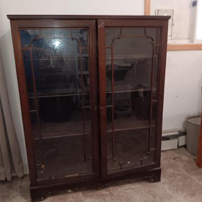 Antique Early 20th Century Art Deco Bookcase with Locking Door Led Lighted 3 Shelves