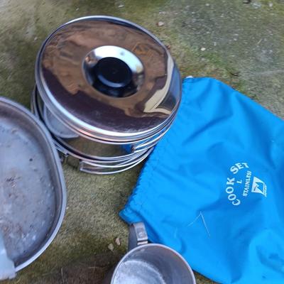 Camping pots, pans, and set of pans in nylon bag
