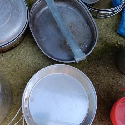 Camping pots, pans, and set of pans in nylon bag