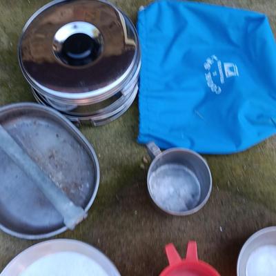 Camping pots, pans, and set of pans in nylon bag