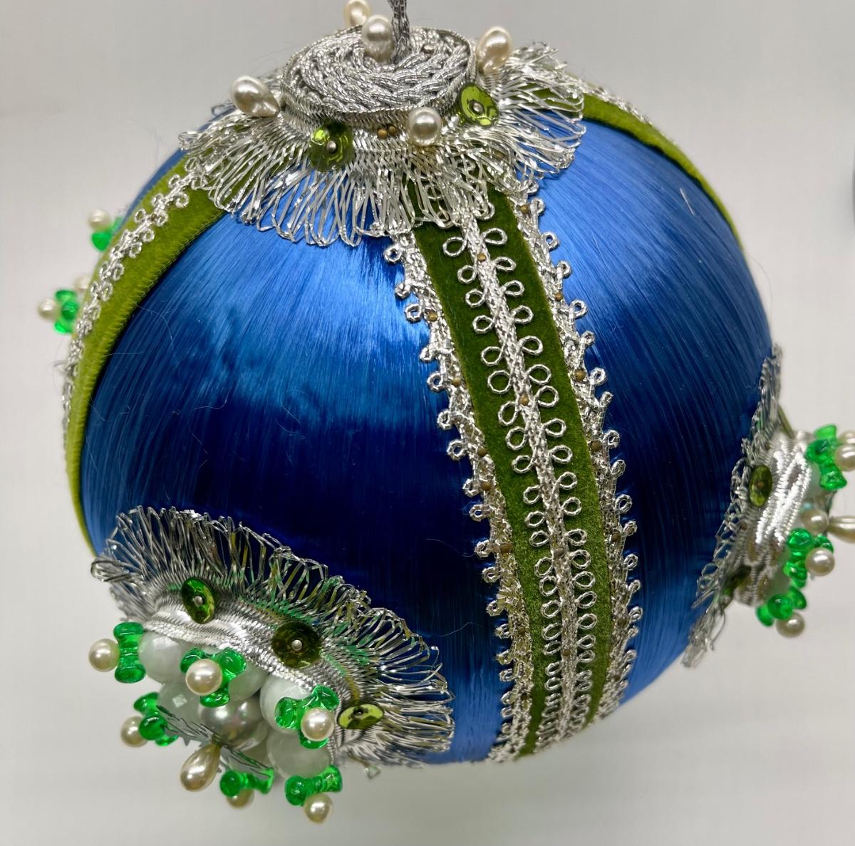 Vintage Jumbo Blue Hand Spun Cotton Pearl Push Pin Beaded Holiday Decor  Christmas Tree Ornament