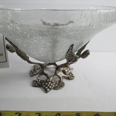 Unusual Crackle Glass Bowl in Metal Holder With Three Angels