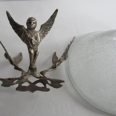 Unusual Crackle Glass Bowl in Metal Holder With Three Angels