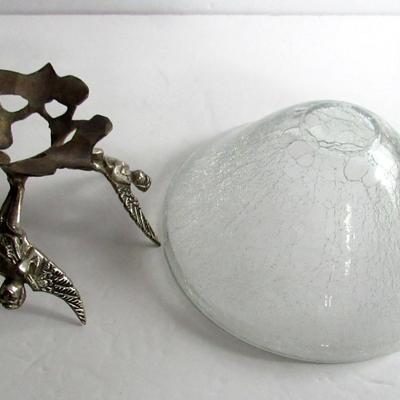 Unusual Crackle Glass Bowl in Metal Holder With Three Angels