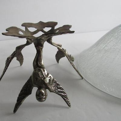 Unusual Crackle Glass Bowl in Metal Holder With Three Angels
