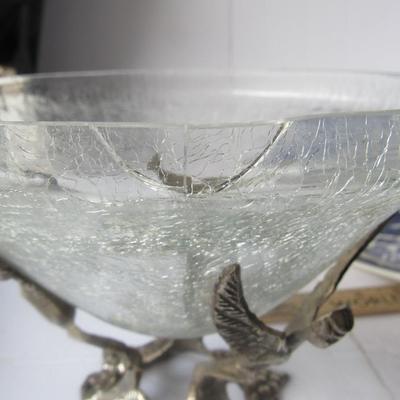 Unusual Crackle Glass Bowl in Metal Holder With Three Angels