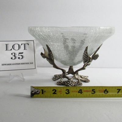 Unusual Crackle Glass Bowl in Metal Holder With Three Angels