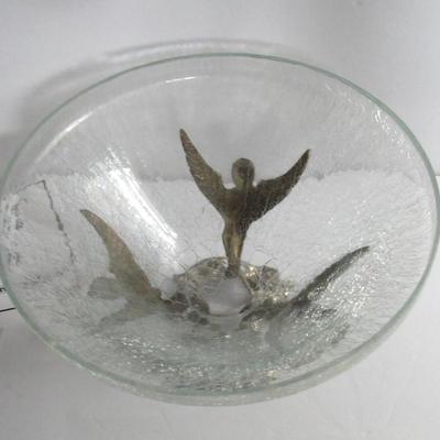 Unusual Crackle Glass Bowl in Metal Holder With Three Angels