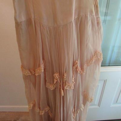 Lot 52:  Antique Sheer Pale Pink Lacy Fancy Frilly Dress With Applied Lace Ruffles, Puffy Short Sleeves