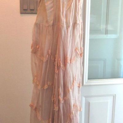 Lot 52:  Antique Sheer Pale Pink Lacy Fancy Frilly Dress With Applied Lace Ruffles, Puffy Short Sleeves