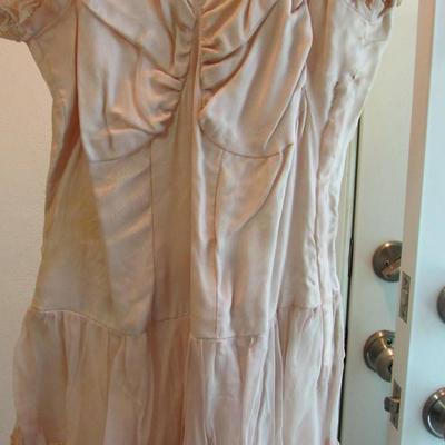 Lot 52:  Antique Sheer Pale Pink Lacy Fancy Frilly Dress With Applied Lace Ruffles, Puffy Short Sleeves