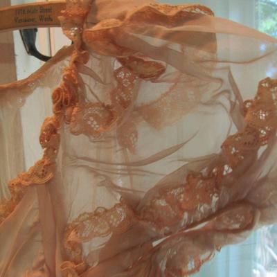 Lot 52:  Antique Sheer Pale Pink Lacy Fancy Frilly Dress With Applied Lace Ruffles, Puffy Short Sleeves