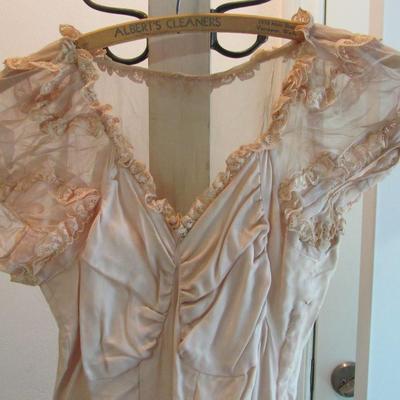 Lot 52:  Antique Sheer Pale Pink Lacy Fancy Frilly Dress With Applied Lace Ruffles, Puffy Short Sleeves