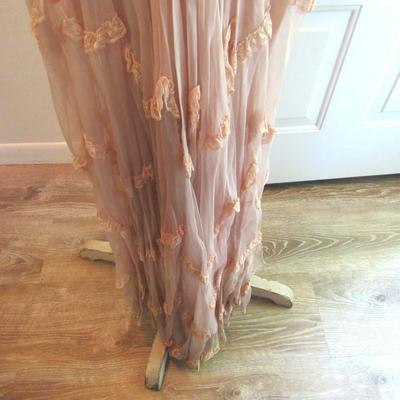 Lot 52:  Antique Sheer Pale Pink Lacy Fancy Frilly Dress With Applied Lace Ruffles, Puffy Short Sleeves