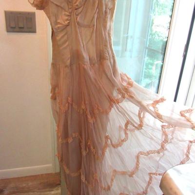 Lot 52:  Antique Sheer Pale Pink Lacy Fancy Frilly Dress With Applied Lace Ruffles, Puffy Short Sleeves