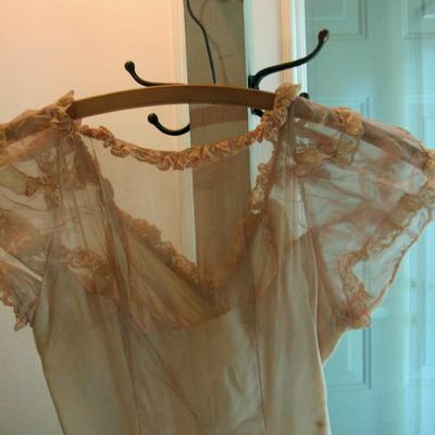 Lot 52:  Antique Sheer Pale Pink Lacy Fancy Frilly Dress With Applied Lace Ruffles, Puffy Short Sleeves