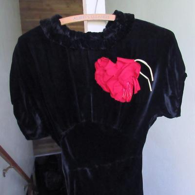 Lot 53:  Vintage Black Velvet Dress With Fabric Flower And Rhinestone Buckle on Belt