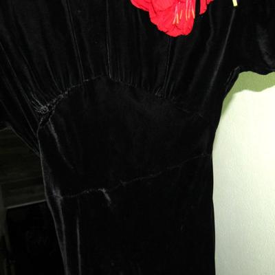Lot 53:  Vintage Black Velvet Dress With Fabric Flower And Rhinestone Buckle on Belt