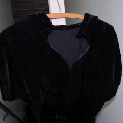 Lot 53:  Vintage Black Velvet Dress With Fabric Flower And Rhinestone Buckle on Belt