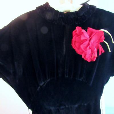 Lot 53:  Vintage Black Velvet Dress With Fabric Flower And Rhinestone Buckle on Belt