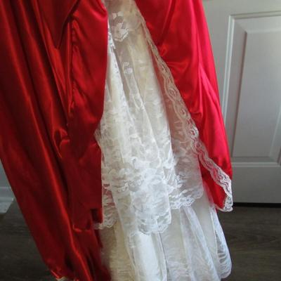 Lot 73: Vintage Formal Dress Red and Lace Frilly, Size 7, Made in USA, 1970-80s