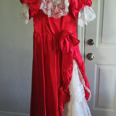 Lot 73: Vintage Formal Dress Red and Lace Frilly, Size 7, Made in USA, 1970-80s