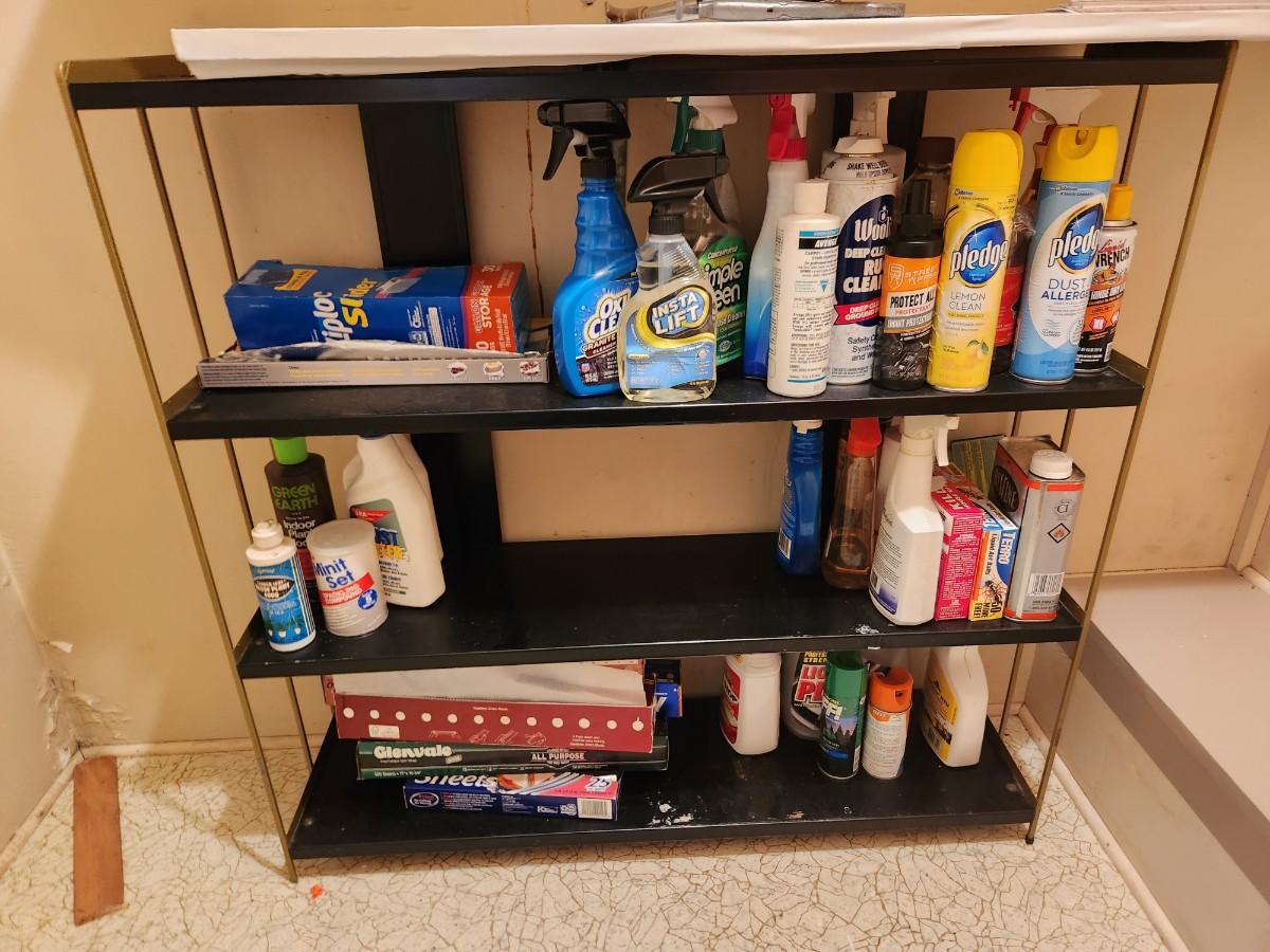 Shelves and cleaning supplies