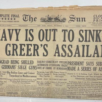 Newspaper: THE SUN/ September 5th 1941/NAVY OUT TO SINK GREER'S ASSAILANT