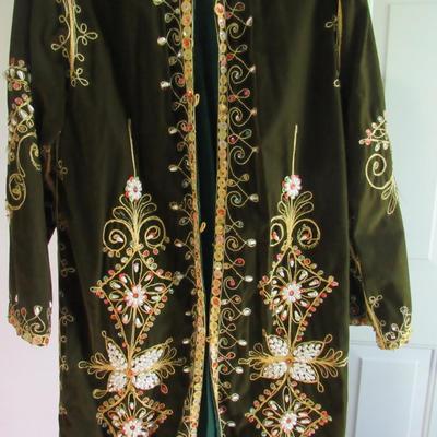 Lot 79:  Vintage Chinese Long Velvet Over Jacket/Coat, Heavily Beaded, Lined, Brocade Trim