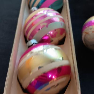 Vintage Shiny Brite Christmas bulbs with stripe design in original carton